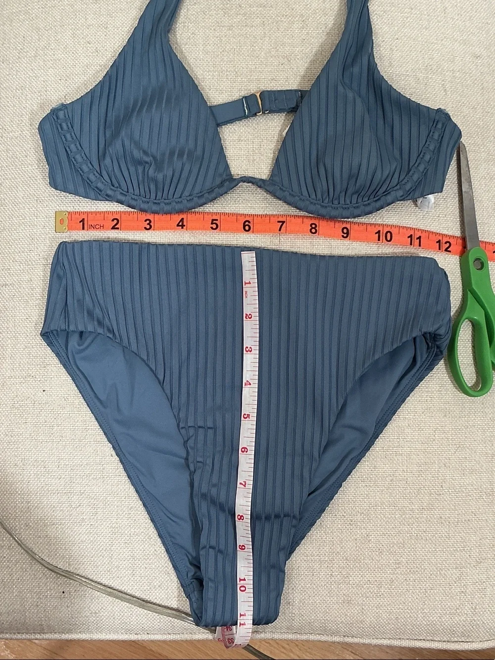 NWT L*SPACE Ribbed High-Waist Bikini Set Slate Blue Underwired Halter Bra Sz S